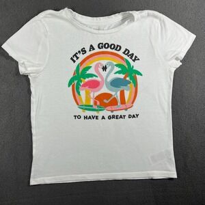 Old Navy Graphic Tee Flamingos Skateboards‎ Rainbows White T-Shirt L (10-12)